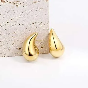 Chunky Gold Hoop Teardrop Earrings For Women 14K Thick Gold Lightweight Waterproof Hollow Open Hoops Gold Jewelry For Women Trendy