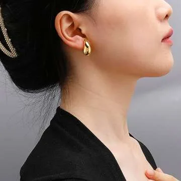Chunky Gold Hoop Teardrop Earrings For Women 14K Thick Gold Lightweight Waterproof Hollow Open Hoops Gold Jewelry For Women Trendy