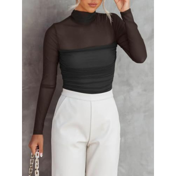 Trendy Mock Turtle Neck Sheer Mesh Bodysuit for Women