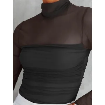 Trendy Mock Turtle Neck Sheer Mesh Bodysuit for Women
