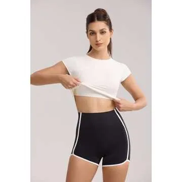 ENERBLOOM Workout Crop Tops for Women Yoga Short Sleeve Mild Support Slim Fit Cropped Athletic Shirts Gym Tee Built in Bra White Medium