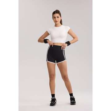 ENERBLOOM Workout Crop Tops for Women Yoga Short Sleeve Mild Support Slim Fit Cropped Athletic Shirts Gym Tee Built in Bra White Medium