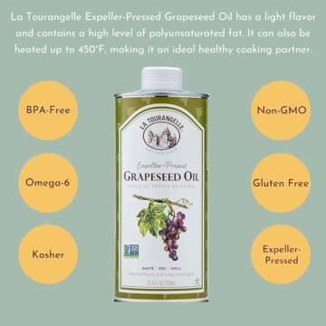 La Tourangelle, Expeller-Pressed Grapeseed Oil, High Heat Neutral Cooking Oil, Cast Iron Seasoning, Also Great for Skin, Hair, and DIY Beauty Recipes, 16.9 fl oz