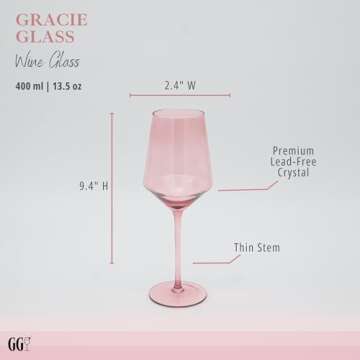 Gracie Glass Set of 4 Stemmed Multicolor Wine Glasses | Colored Wine Glasses | Goblet Glasses for Red & White Wine, Spritz | Coloured Glasses Drinking Set, Colorful Pink Crystal Glasses (13.5oz)