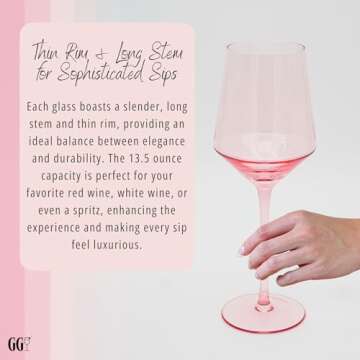 Gracie Glass Set of 4 Stemmed Multicolor Wine Glasses | Colored Wine Glasses | Goblet Glasses for Red & White Wine, Spritz | Coloured Glasses Drinking Set, Colorful Pink Crystal Glasses (13.5oz)