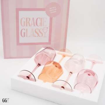 Gracie Glass Set of 4 Stemmed Multicolor Wine Glasses | Colored Wine Glasses | Goblet Glasses for Red & White Wine, Spritz | Coloured Glasses Drinking Set, Colorful Pink Crystal Glasses (13.5oz)