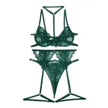 Lilosy Plus Size Sexy Choker Floral Lace Scallop Sheer Underwire Push Up Garter Belt Lingerie Set for Women See Through Bra and Panty 3 Piece Army Green XXX-Large