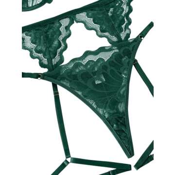 Lilosy Plus Size Sexy Choker Floral Lace Scallop Sheer Underwire Push Up Garter Belt Lingerie Set for Women See Through Bra and Panty 3 Piece Army Green XXX-Large