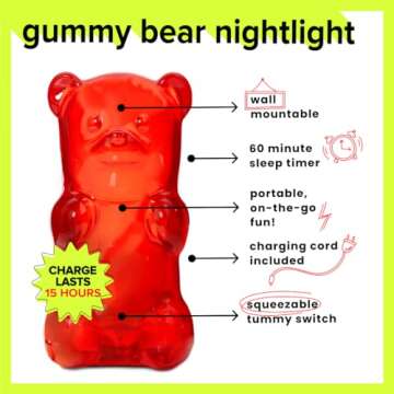Gummygoods Squeezable Gummy Bear Night Light - Rechargeable, Portable, Squishy Lamp, 60-Min Sleep Timer - Christmas Gift for Kids & Adults, Baby Nursery, and Dorm Rooms - (Red)