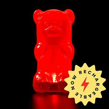 Gummygoods Squeezable Gummy Bear Night Light - Rechargeable, Portable, Squishy Lamp, 60-Min Sleep Timer - Christmas Gift for Kids & Adults, Baby Nursery, and Dorm Rooms - (Red)