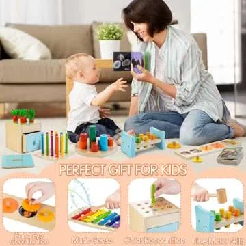 WOODMAM Wooden Montessori Toys for 1+ Year Old, 9 in 1 Learning Educational Toys for Toddler with Educational Box, Xylophone, Pound Bench, Shape Puzzle and More, Baby Toy Gift for 12-18 Months