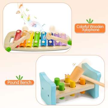 WOODMAM Wooden Montessori Toys for 1+ Year Old, 9 in 1 Learning Educational Toys for Toddler with Educational Box, Xylophone, Pound Bench, Shape Puzzle and More, Baby Toy Gift for 12-18 Months