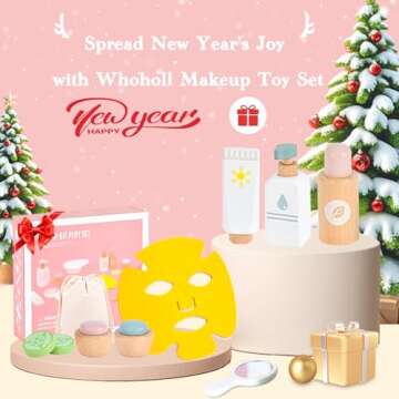 WHOHOLL Wooden Makeup Toy Set, Pretend Beauty Salon Toys Skin Care Learning Toys for Toddler, Daycare Toys Christmas Birthday Gift for 2 3 4 5+ Year Old Girls - Facial Cleanser, Mirror, Face Mask