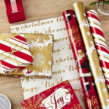 Hallmark Christmas Wrapping Paper Rolls - Traditional Holiday Gift Wrap Paper (Set of 3 Reversible Rolls: 120 sq. ft. ttl.) Red and Gold Snowflakes, Stripes, Plaid, Santa's Sleigh