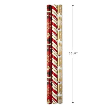 Hallmark Christmas Wrapping Paper Rolls - Traditional Holiday Gift Wrap Paper (Set of 3 Reversible Rolls: 120 sq. ft. ttl.) Red and Gold Snowflakes, Stripes, Plaid, Santa's Sleigh