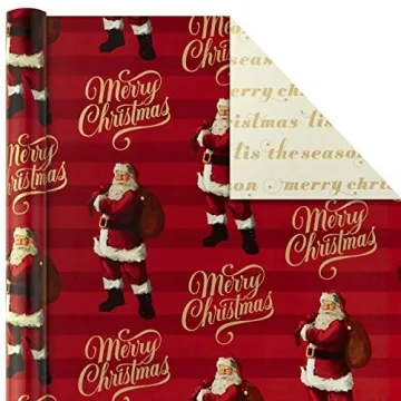 Hallmark Christmas Wrapping Paper Rolls - Traditional Holiday Gift Wrap Paper (Set of 3 Reversible Rolls: 120 sq. ft. ttl.) Red and Gold Snowflakes, Stripes, Plaid, Santa's Sleigh