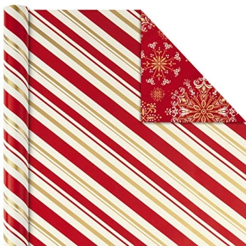 Hallmark Christmas Wrapping Paper Rolls - Traditional Holiday Gift Wrap Paper (Set of 3 Reversible Rolls: 120 sq. ft. ttl.) Red and Gold Snowflakes, Stripes, Plaid, Santa's Sleigh