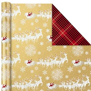 Hallmark Christmas Wrapping Paper Rolls - Traditional Holiday Gift Wrap Paper (Set of 3 Reversible Rolls: 120 sq. ft. ttl.) Red and Gold Snowflakes, Stripes, Plaid, Santa's Sleigh