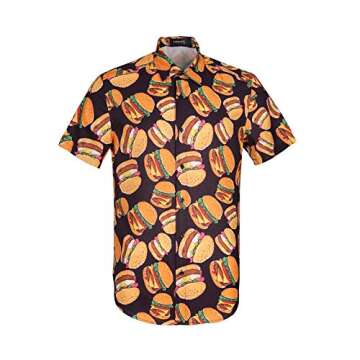 Men's Hawaiian Food Hamburger Short Sleeve Shirts Casual Tropical Funny Print Button Down Shirt Purp...