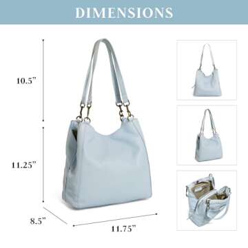 American Leather Co. Austin Triple-Entry Bucket Bag, Light Blue, Hobo Shoulder Bag for Women with Center Zip, Slip Pockets & Removable Shoulder Strap, Functional & Fashionable Handbags for Women