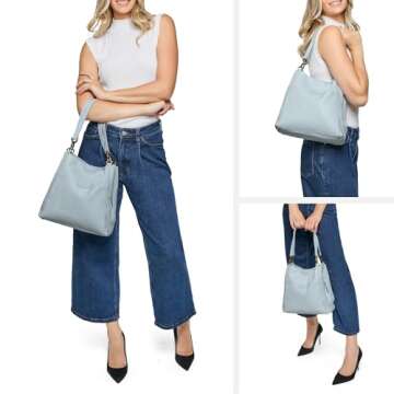 American Leather Co. Austin Triple-Entry Bucket Bag, Light Blue, Hobo Shoulder Bag for Women with Center Zip, Slip Pockets & Removable Shoulder Strap, Functional & Fashionable Handbags for Women
