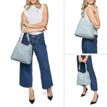 American Leather Co. Austin Triple-Entry Bucket Bag, Light Blue, Hobo Shoulder Bag for Women with Center Zip, Slip Pockets & Removable Shoulder Strap, Functional & Fashionable Handbags for Women