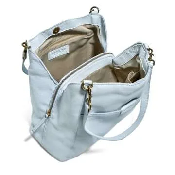 American Leather Co. Austin Triple-Entry Bucket Bag, Light Blue, Hobo Shoulder Bag for Women with Center Zip, Slip Pockets & Removable Shoulder Strap, Functional & Fashionable Handbags for Women