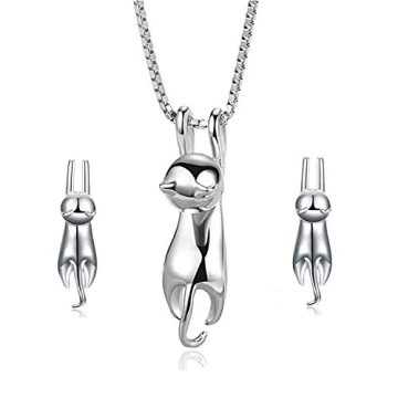 925 Sterling Silver Cat Eye Moonstone Apple/Cat Kitty Crystal Charms Pendant Necklace and Earring Set for Women (Lucky 3D Cat Kitty)
