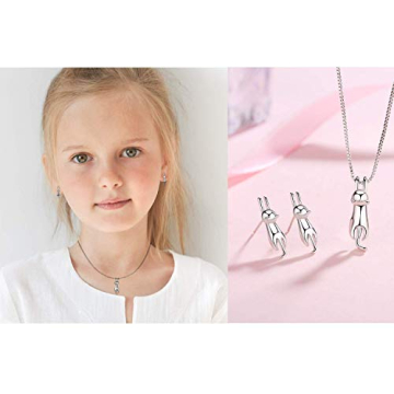 925 Sterling Silver Cat Eye Moonstone Apple/Cat Kitty Crystal Charms Pendant Necklace and Earring Set for Women (Lucky 3D Cat Kitty)