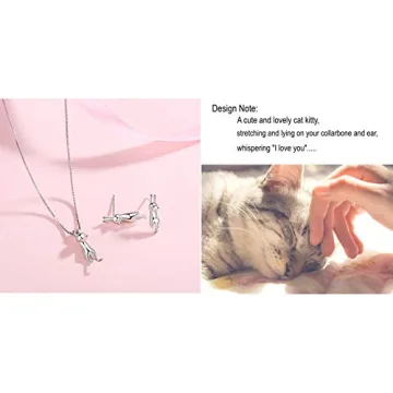 925 Sterling Silver Cat Eye Moonstone Apple/Cat Kitty Crystal Charms Pendant Necklace and Earring Set for Women (Lucky 3D Cat Kitty)