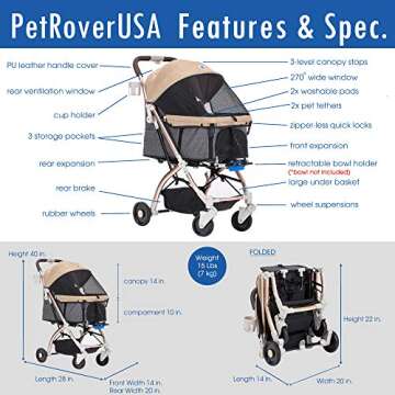 HPZ-PR America Pet Rover Lite Premium Light-Weight Dog/Cat/Pet Stroller Travel Carriage with Convertible Compartment/Aluminum Frame for Small & Medium Pets (Taupe 2nd-Gen.)