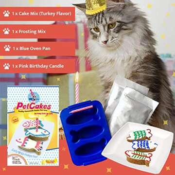 Primo Lines PetCakes Cat Organic Birthday Cake Kit Turkey Flavor Cat Treats 5oz & Happy Birthday Hat Gold Cone Yellow Balls Cat Costume Pet Party Supplies