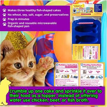 Primo Lines PetCakes Cat Organic Birthday Cake Kit Turkey Flavor Cat Treats 5oz & Happy Birthday Hat Gold Cone Yellow Balls Cat Costume Pet Party Supplies