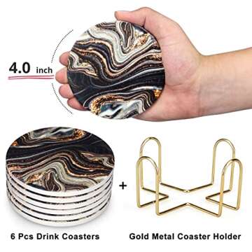 6 Pcs Black and Gold Marble Coasters with Holder Round Coasters for Drinks Best Absorbent Coasters M...