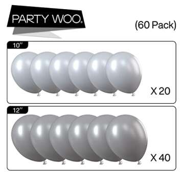 PartyWoo Gray Balloons, 60 pcs Grey Latex Balloons of 12 inch Dark Gray Balloons, 10 inch Pastel Gray Balloons, Light Gray Balloons for Gray Party Decorations, Gray Baby Shower, Gray Birthday