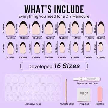 BTArtbox French Tip Press On Nails Almond - New Year Press on Nails Short, Glue On Nails for Women Gift, Supremely Fit Natural Reusable Stick On Nails in 16 Sizes - 30 Fake Nails Kit, Black French