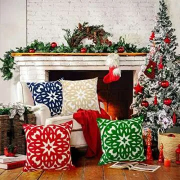 Alysheer Embroidered Decorative Throw Pillow Cover 18x18 inch, Boho Mandala Chic Knit Pattern 100% Cotton Canvas Cushion Case for Sofa Couch Living Room Bedroom Office Gifts(Light Beige Ivory)