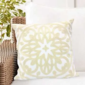 Alysheer Embroidered Decorative Throw Pillow Cover 18x18 inch, Boho Mandala Chic Knit Pattern 100% Cotton Canvas Cushion Case for Sofa Couch Living Room Bedroom Office Gifts(Light Beige Ivory)