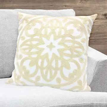 Alysheer Embroidered Decorative Throw Pillow Cover 18x18 inch, Boho Mandala Chic Knit Pattern 100% Cotton Canvas Cushion Case for Sofa Couch Living Room Bedroom Office Gifts(Light Beige Ivory)