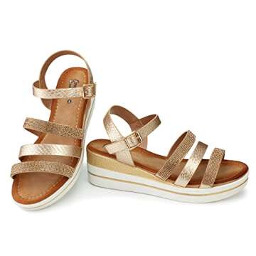 Hawkwell Women's Wedge Sandals Platform Sandal Comfortable Beach Shoes Elastic Ankle Strap Casual Summer Sandals,Gold Synthesis 7 M US