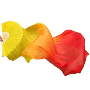 KIKIGOAL Hand-Made Real Silk Belly Dance Fan Veil Pair (Gradual Yellow) 180cm