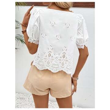 SweatyRocks Women's Square Neck Puff Sleeve Eyelet Lace Hollow Out Embroidered Top Blouse