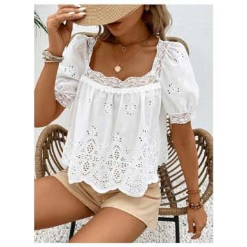 SweatyRocks Women's Square Neck Puff Sleeve Eyelet Lace Hollow Out Embroidered Top Blouse