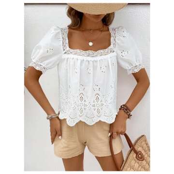 SweatyRocks Women's Square Neck Puff Sleeve Eyelet Lace Hollow Out Embroidered Top Blouse