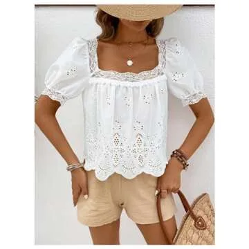 SweatyRocks Women's Square Neck Puff Sleeve Eyelet Lace Hollow Out Embroidered Top Blouse