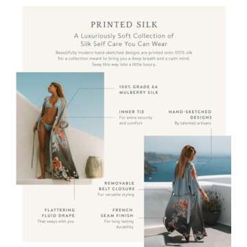 KIM+ONO Silk Kimono Robe Long - Floral Print, Lotus- Blush