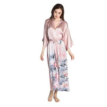KIM+ONO Silk Kimono Robe Long - Floral Print, Lotus- Blush