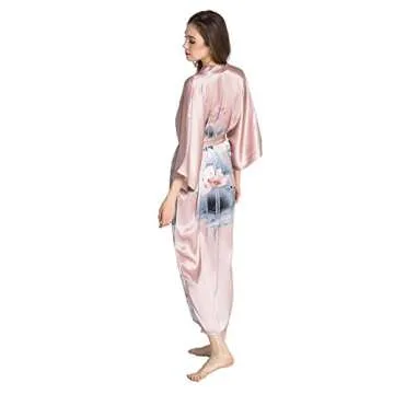 KIM+ONO Silk Kimono Robe Long - Floral Print, Lotus- Blush
