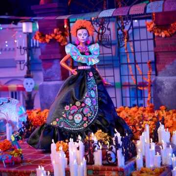 Barbie Signature Doll, 2024 Día De Muertos Collectible in Black Dress with Blue Ruffle Top, Embroid...