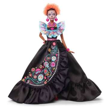 Barbie Signature Doll, 2024 Día De Muertos Collectible in Black Dress with Blue Ruffle Top, Embroidered Print, and Colorful Accessories
